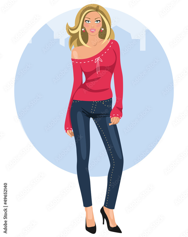 Mujer joven con vaqueros y tacones Stock Vector | Adobe Stock