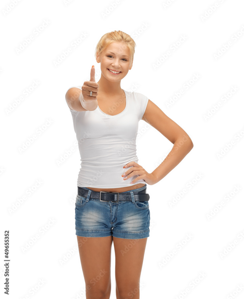 teenage girl in blank white t-shirt with thumbs up teenage girl in blank white t-shirt with thumbs up