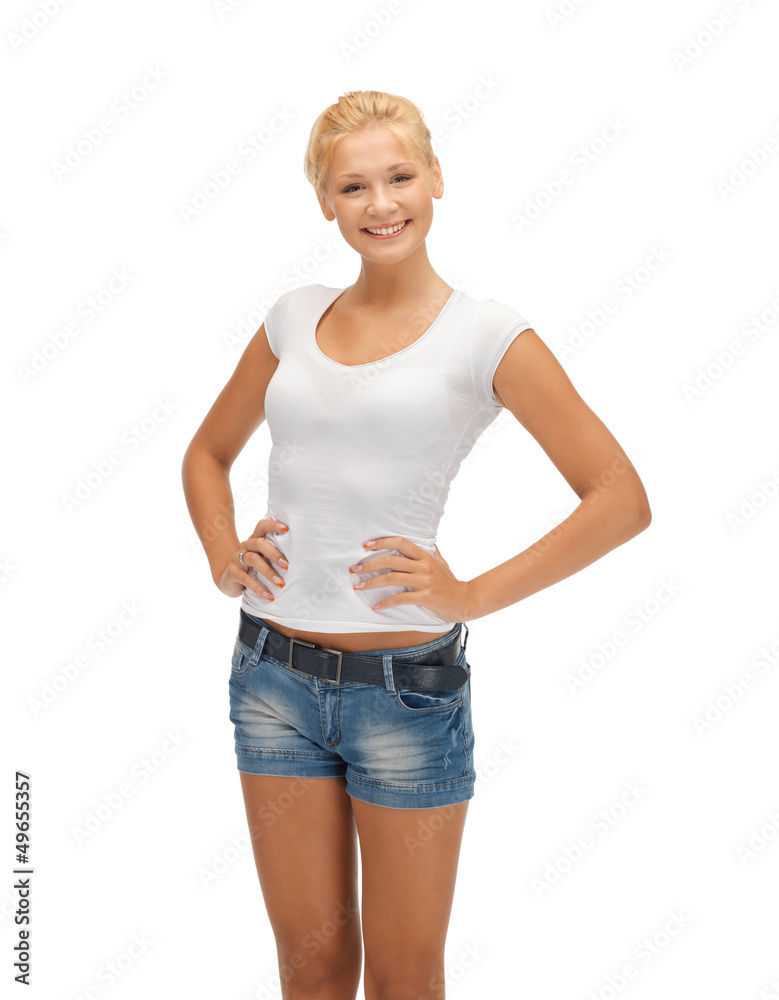 smiling teenage girl in blank white t-shirt smiling teenage girl in blank white t-shirt