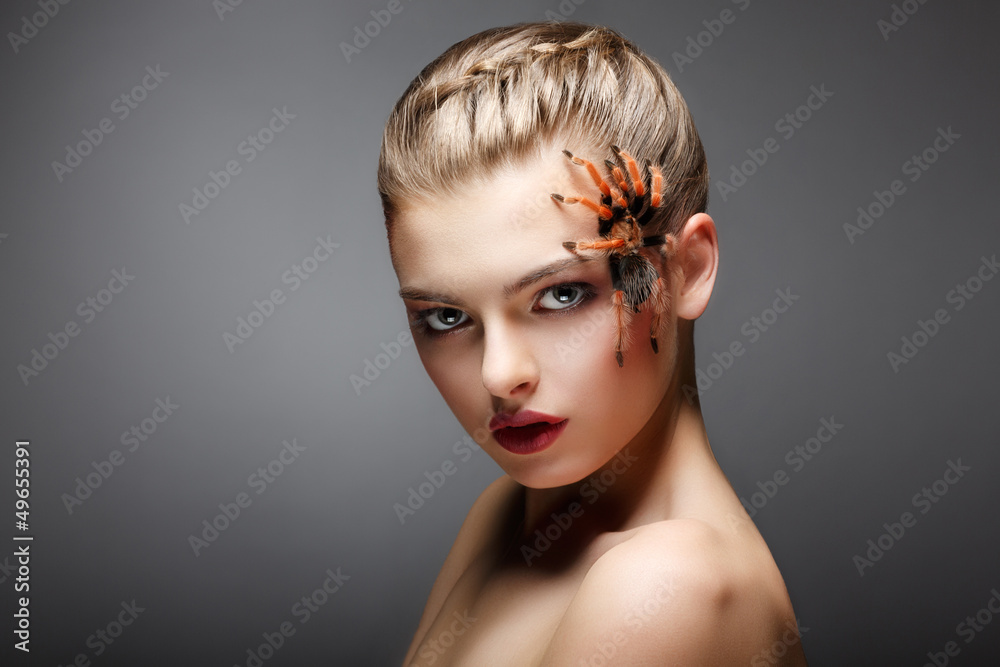 Spider-Girl Fashion Model with Poisonous Spider on her Face