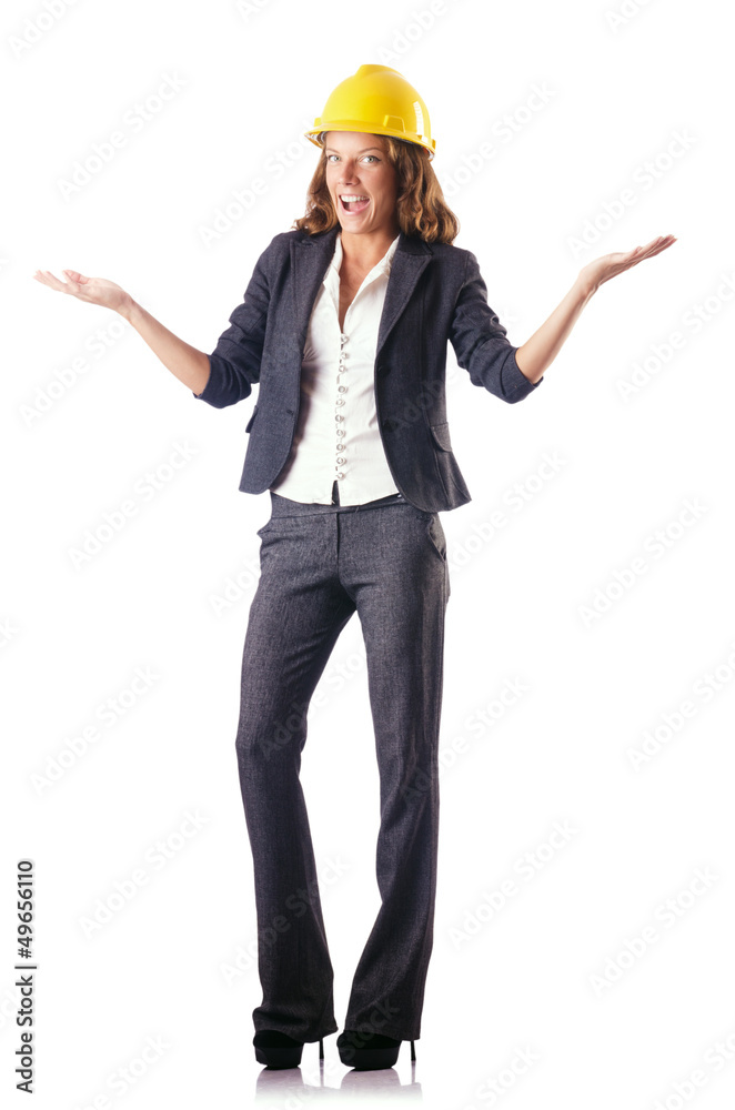 Woman construction worker with hard hat on white Woman construction worker with hard hat on white