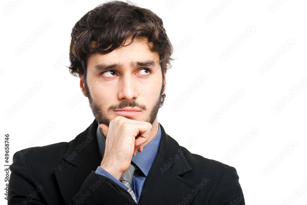Thoughtful young businessman portrait isolated on white Thoughtful young businessman portrait isolated on white