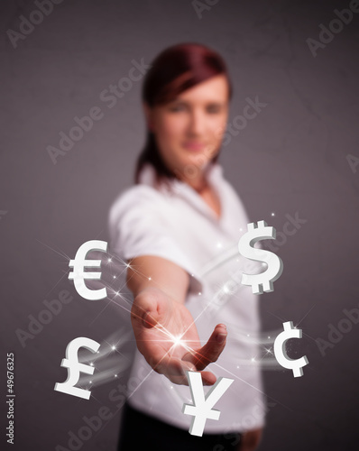 Young lady throwing currency icons