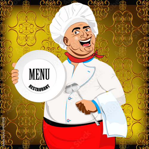 Eastern Chef and big plate on a abstract decorative background