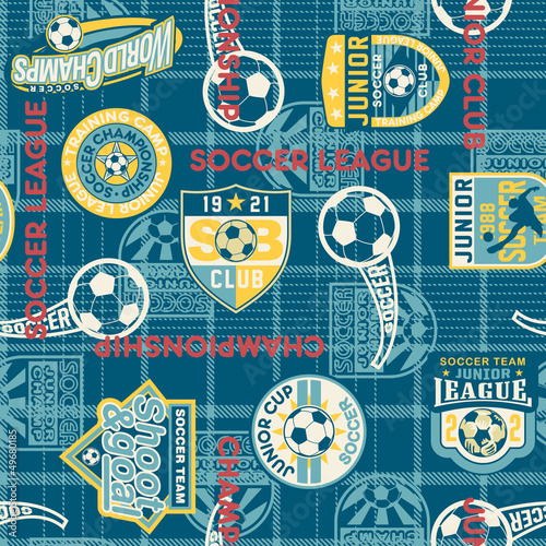 Soccer badges with tartan background seamless pattern
