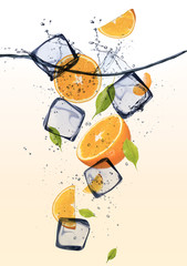 Fototapete Obst im Eis Orangen mit Eiswürfeln  © Jag_cz