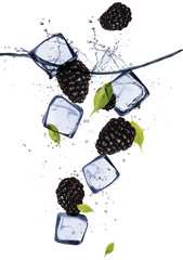 Fototapete Obst im Eis Brombeeren mit Eiswürfeln, isoliert auf weißem Hintergrund  © Jag_cz