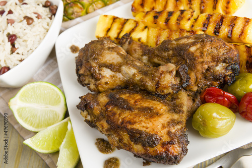 Jerk Chicken - BBQ chicken, grilled pineapple and rice & peas