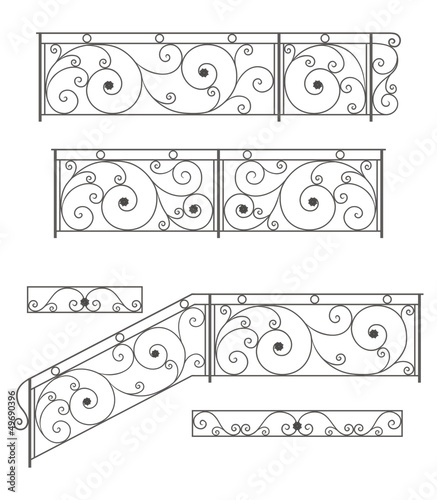 Vector set: wrought iron stairs railing, fence and grilles