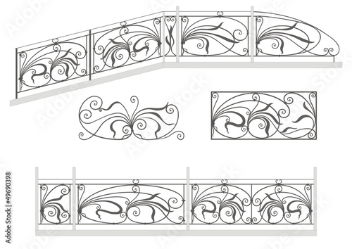 Vector set: wrought iron stairs railing, fence and grilles