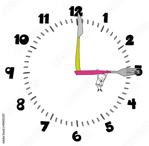 Personnage dessiné jouant sur une horloge