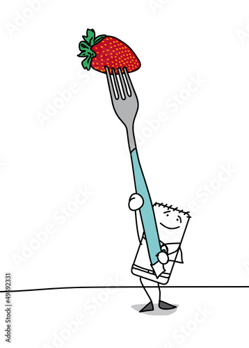 Personnage portant une fraise du bout d'une fourchette
