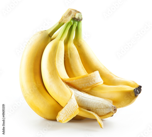 Bunch of bananas with open one isolated on white