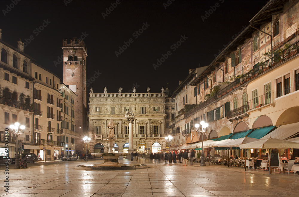 Verona - Piazza Erbe at night and Porta Leona