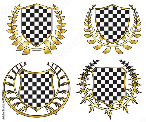 vector golden and checkered shields with laurels