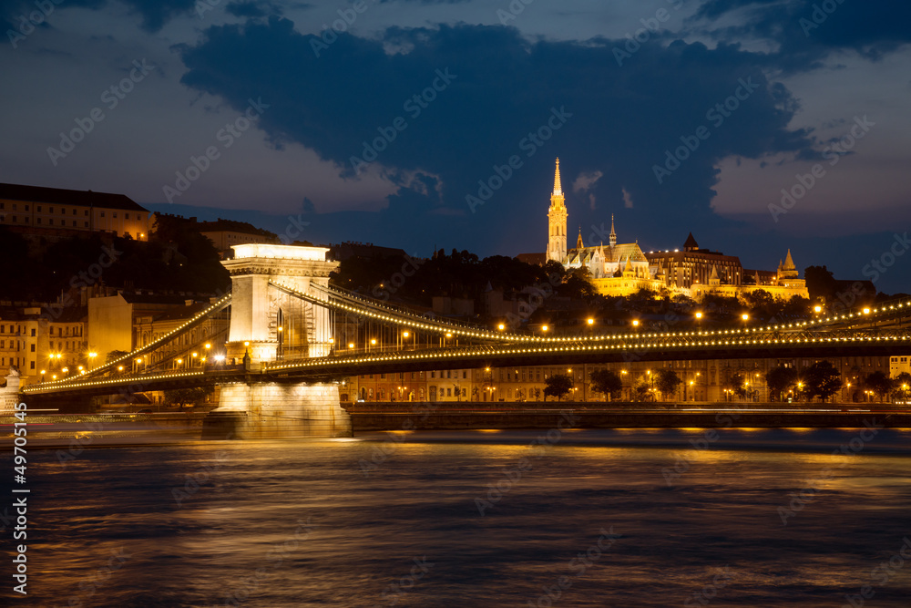 Night view of Chain bridge and Buda part of Budapest