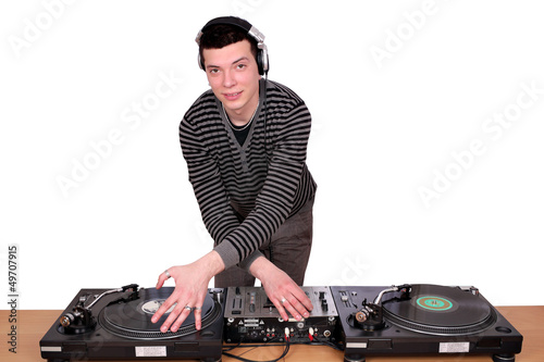 dj with turntables on white