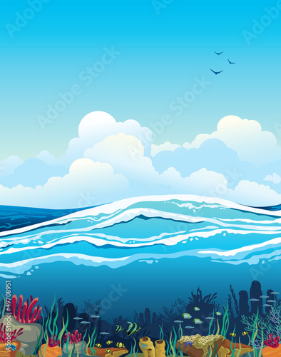 Seascape with underwater creatures and cloudy sky