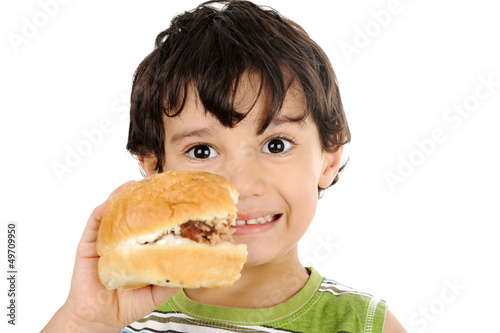 Happy child holding hamburger isolated