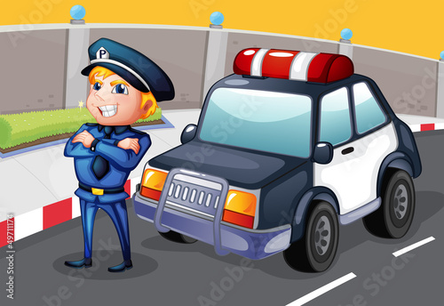 A policeman standing beside his patrol car