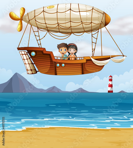 A boy and a girl riding an airship
