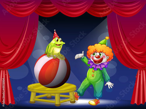 A clown and a frog performing on stage