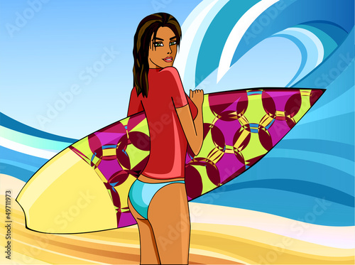 a girl with a surfboard