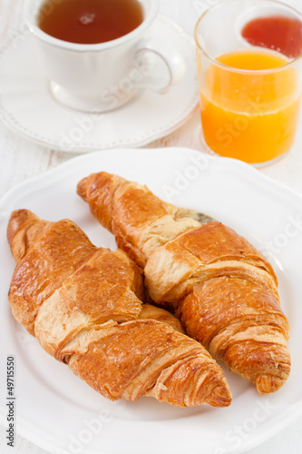 croissant with tea, juice and jam