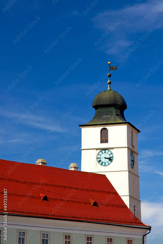 Single clock tower in the medieval town of Sibiu
