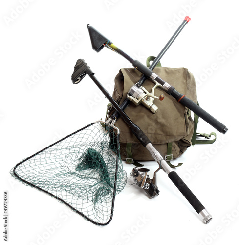 Fotografia, Obraz Accessories for angling - fishing rod and landing net.