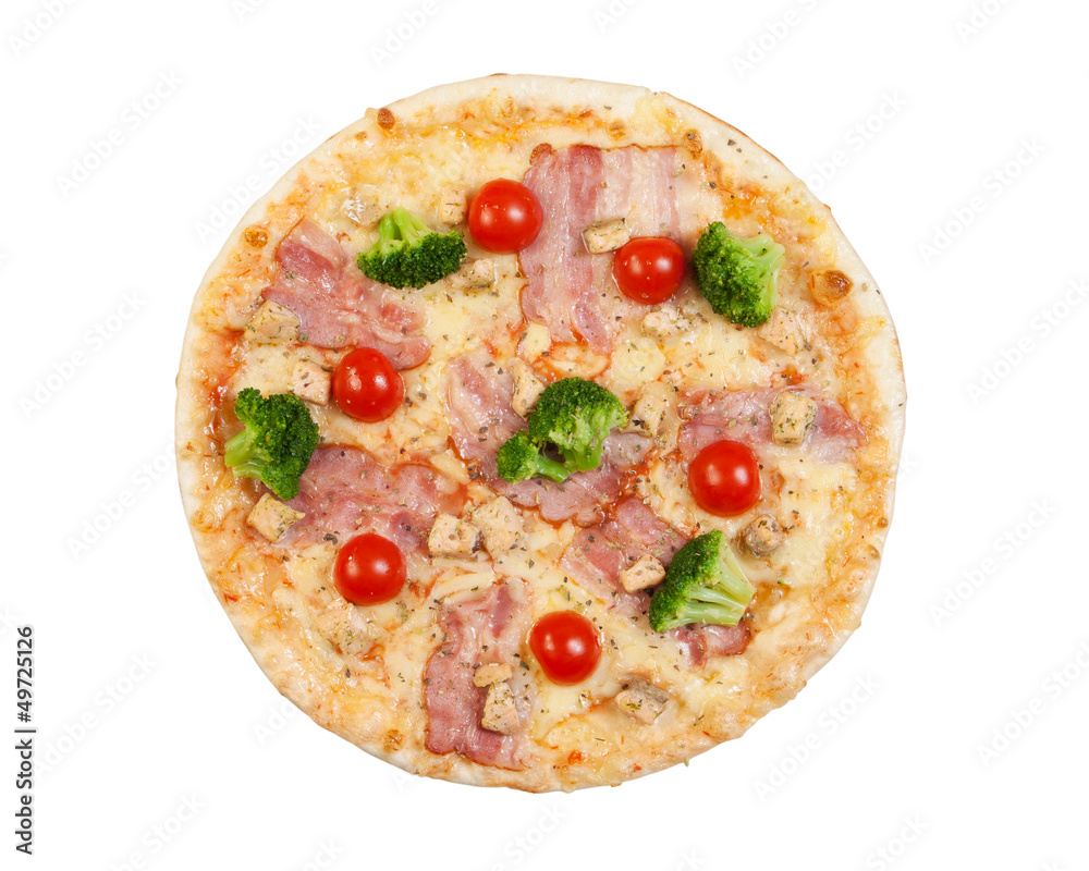 pizza with bacon, cauliflower, cheese, cherry tomatoes, isolated