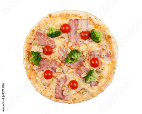 pizza with bacon, cauliflower, cheese, cherry tomatoes, isolated