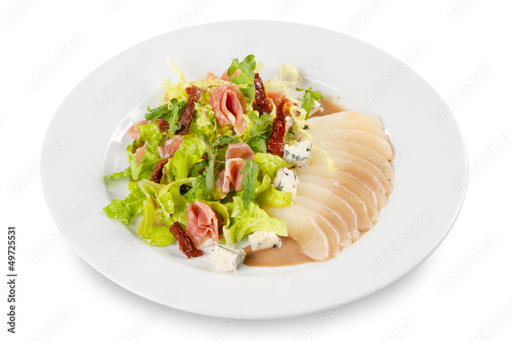 salad from pear, lettuce, chili, pepper, meat and cheese salad from pear, lettuce, chili, pepper, meat and cheese