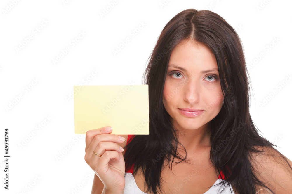 Gift card. Excited woman showing empty blank paper card sign Gift card. Excited woman showing empty blank paper card sign