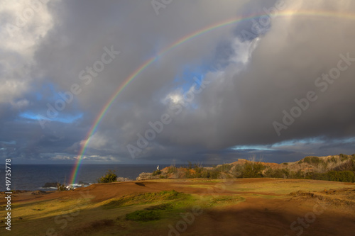 A Rainbow touches down on the west maui coastline.