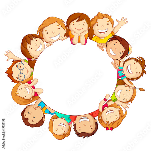 vector illustration of happy kids around circular copy space