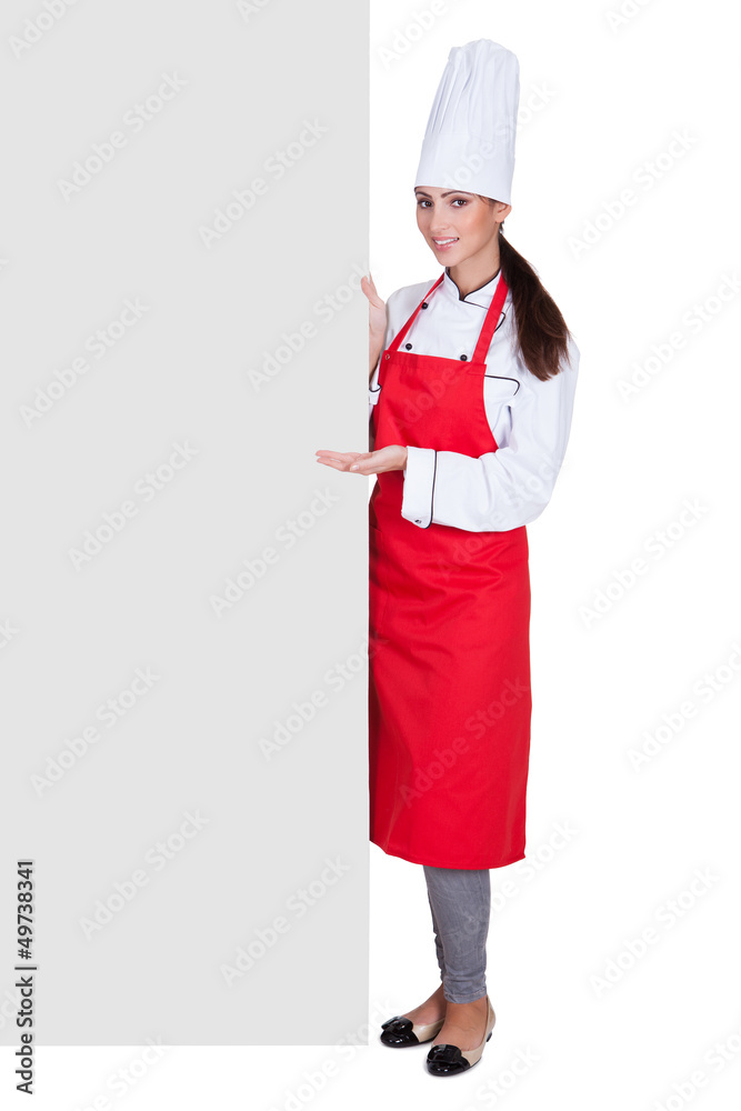 Happy Female Chef Holding Placard Happy Female Chef Holding Placard