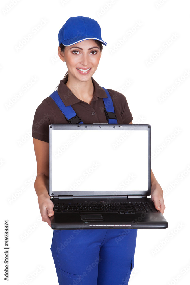 Smiling Female Plumber Holding Digital Tablet Smiling Female Plumber Holding Digital Tablet
