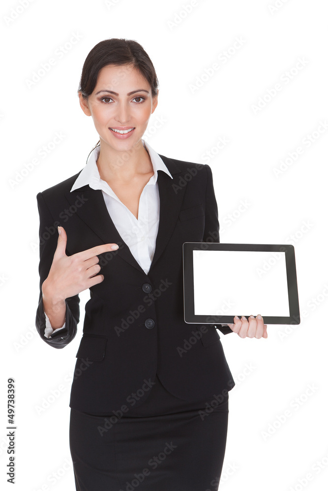 Smiling Businesswoman Holding Digital Tablet
