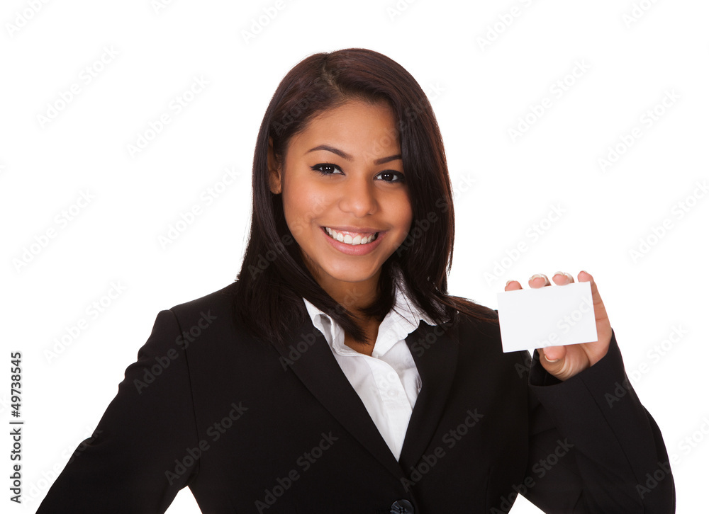 Happy Businesswoman Holding Visiting Card Happy Businesswoman Holding Visiting Card