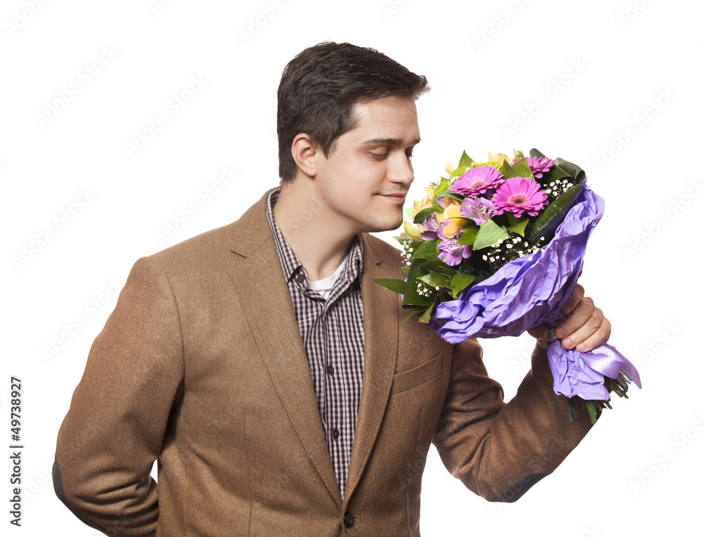 man with flowers in hand