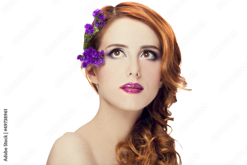 Redhead girl with flower, isolated. Redhead girl with flower, isolated.