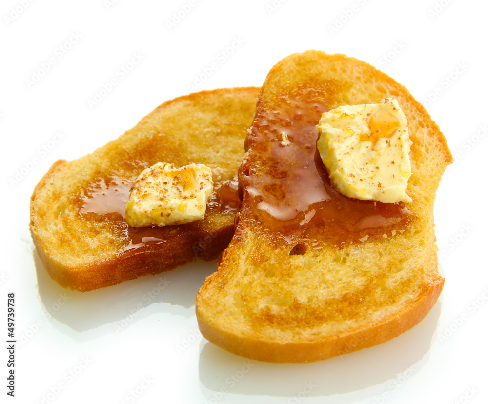 White bread toast with honey on plate, isolated on white White bread toast with honey on plate, isolated on white