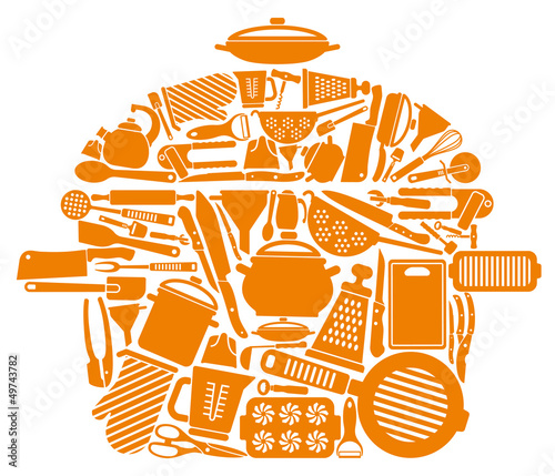 Icons of kitchen ware and utensils in the form of a pan