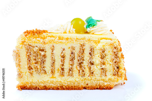 walnut cake with cream, isolated on white background