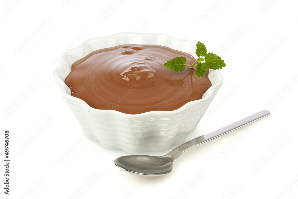 Chocolate dessert in a bowl with spoon isolated Chocolate dessert in a bowl with spoon isolated