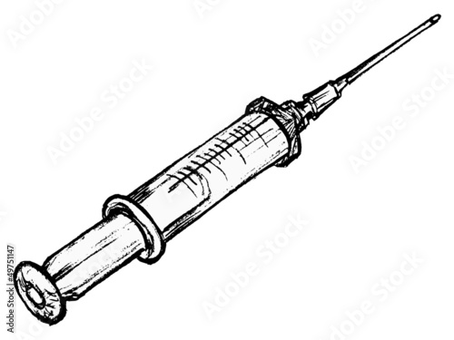 hand drawn, sketch, cartoon illustration of syringe