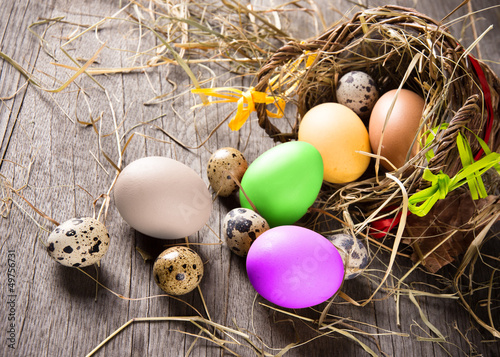 Colorful easter eggs in bro...