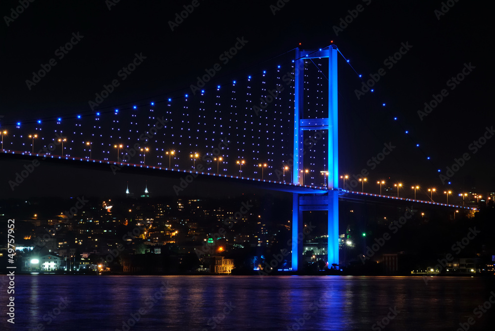Bosphorus Bridge in evening with blue color lights