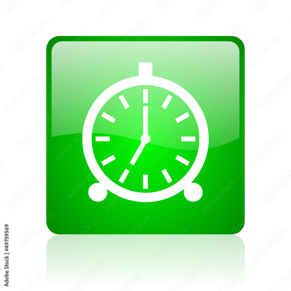 alarm clock green square web icon on white background alarm clock green square web icon on white background